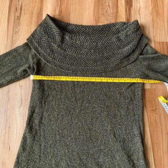 Chico's Cowl Neck 3/4 Sleeve Pullover Sweater Forest Green Gold Metallic 2/M - Picture 7 of 11